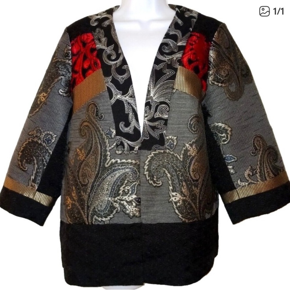 Chico's Patchwork Embroidered Paisley Open Front Jacket
